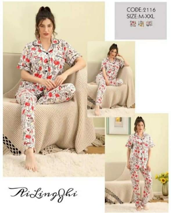 Leaves Printed Women's Nightwear Cotton Tops Long Sleeve and Pajama Suit 2116