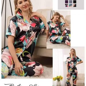Leaves Printed Women’s Nightwear Silk Tops Long Sleeve and Pajama Suit 70367